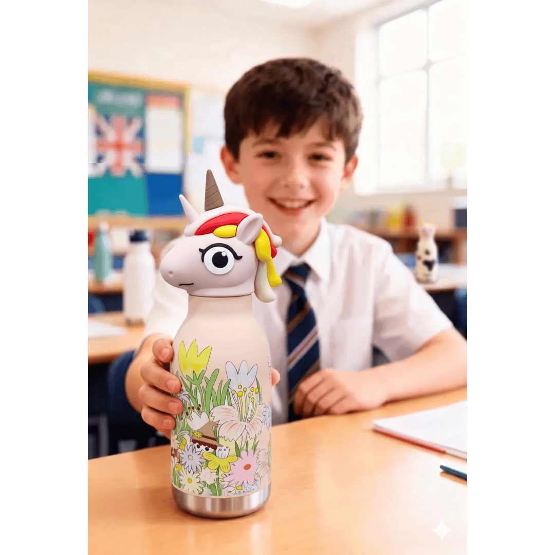 AFRESH 365 Unicorn Collection Stainless Steel Vacuum Insulated Water Bottle 450ml (16oz) with Straw & Cleaning Brush | Kids Water Bottle | 3 Color Variants