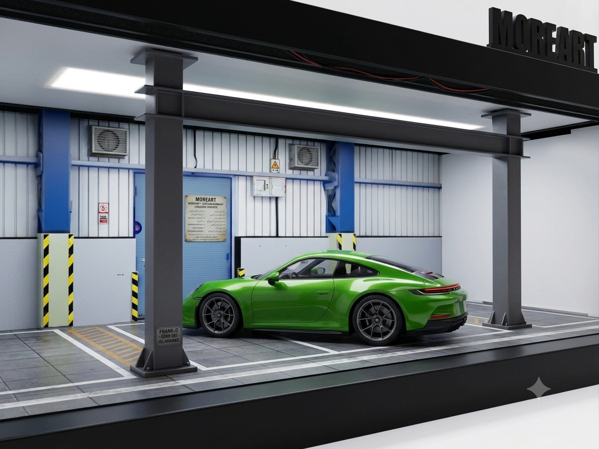 MOREART Industrial Garage Diorama Display Case with LED Lighting | Premium 1:64 Scale Diecast Car Display Scene