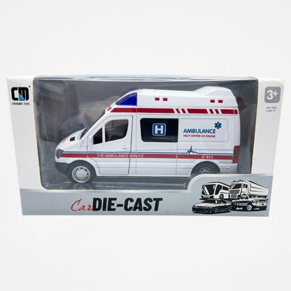 Alloy Die-Cast Ambulance Van Toy with Light & Sound | Pull Back Rescue Vehicle Model for Kids | Metal Emergency Service Ambulance Collectible