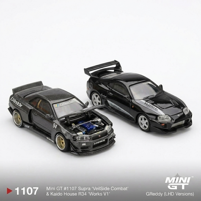 MINI GT Collector Set | Toyota Supra VeilSide Combat V-II Black + KAIDO HOUSE x MINI GT Nissan Skyline GT-R (R34) Kaido Works GReddy V2 Chase Edition | Premium 1:64 Diecast Model Cars