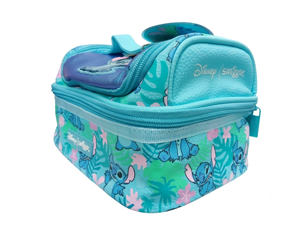 Disney Smiggle Double Decker Lunchbox – Stitch Tropical Print | Insulated Kids Lunch Bag | Blue & Teal