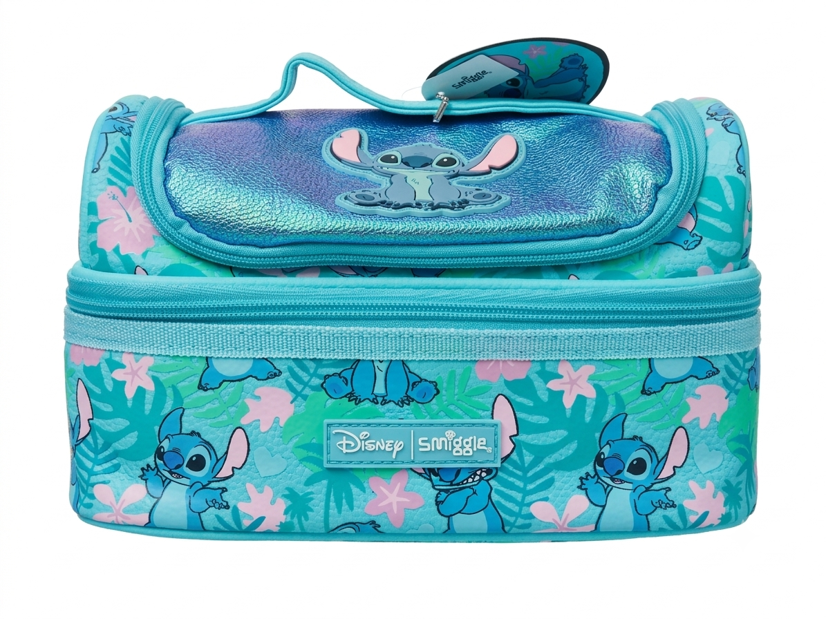 Disney Smiggle Double Decker Lunchbox – Stitch Tropical Print | Insulated Kids Lunch Bag | Blue & Teal