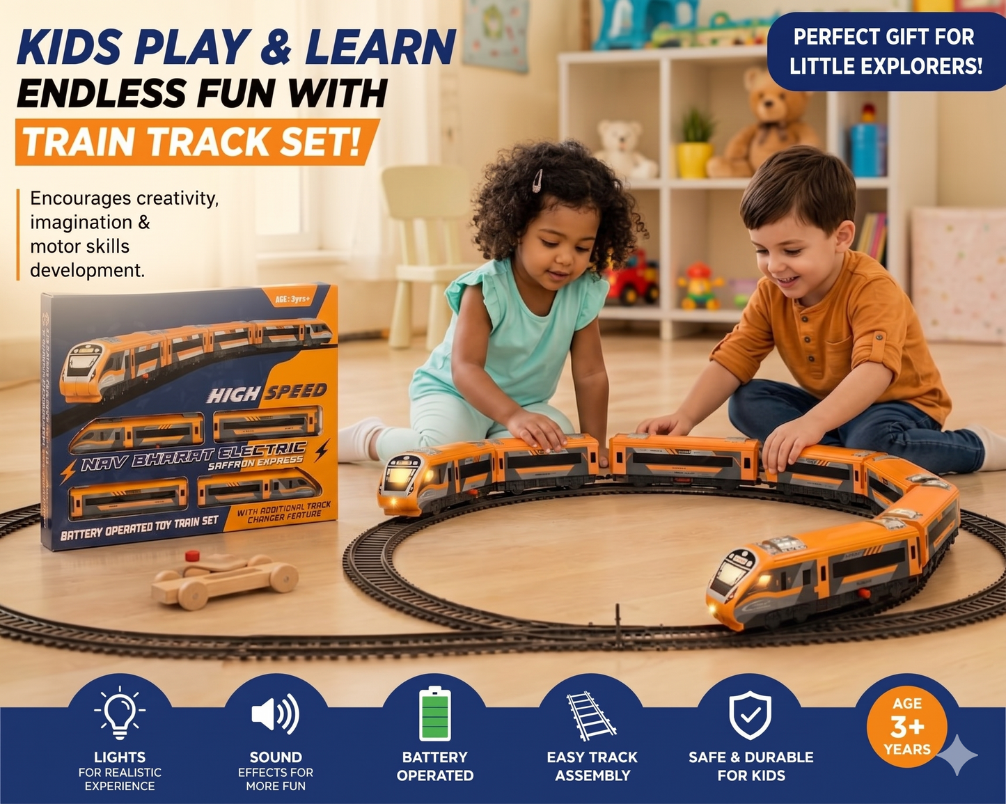 Centy Nav Bharat Electric Saffron Express Toy Train Set | Battery Operated | Age 3+