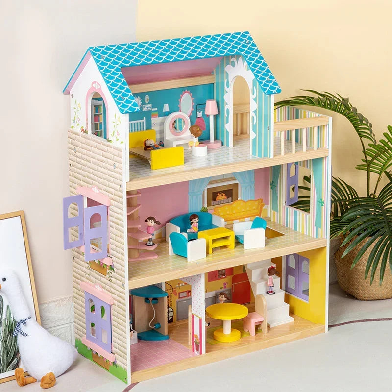 MDF 3-Floor Wooden Doll House Baby – Pretend Play Furniture Set for Kids, Educational Role Play Toy