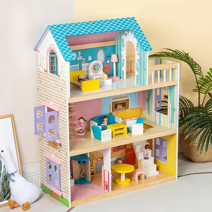 MDF 3-Floor Wooden Doll House Baby – Pretend Play Furniture Set for Kids, Educational Role Play Toy
