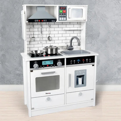Wooden Kids Kitchen Playset with Light & Sound | Pretend Play Cooking Set With Range Hood, Microwave & Sink | Role Play Toy for Children