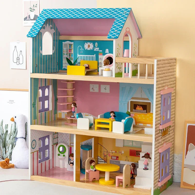 MDF 3-Floor Wooden Doll House Baby – Pretend Play Furniture Set for Kids, Educational Role Play Toy