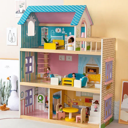MDF 3-Floor Wooden Doll House Baby – Pretend Play Furniture Set for Kids, Educational Role Play Toy
