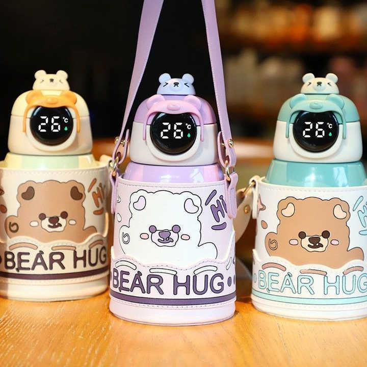 Bear Hug Stainless Steel Digital Water Bottle For Kids with carry bag, additional cup and sipper 500 ML (Cream) - Jaiman Toys
