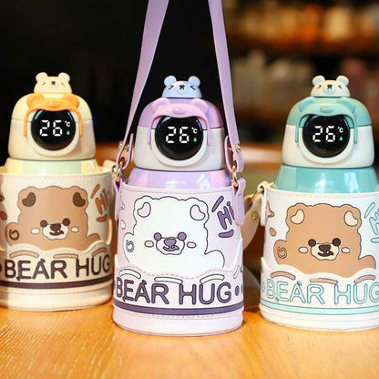 Bear Hug Stainless Steel Digital Water Bottle For Kids with carry bag, additional cup and sipper 500 ML (Cream) - Jaiman Toys