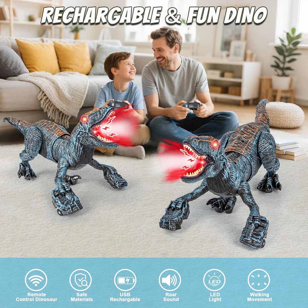Remote Control 2.4G Walking Dinosaur Toy with Mist Spray, LED Lights & Roaring Sound – RC Robot Dino with 360° Neck Movement for Kids 3+ Years