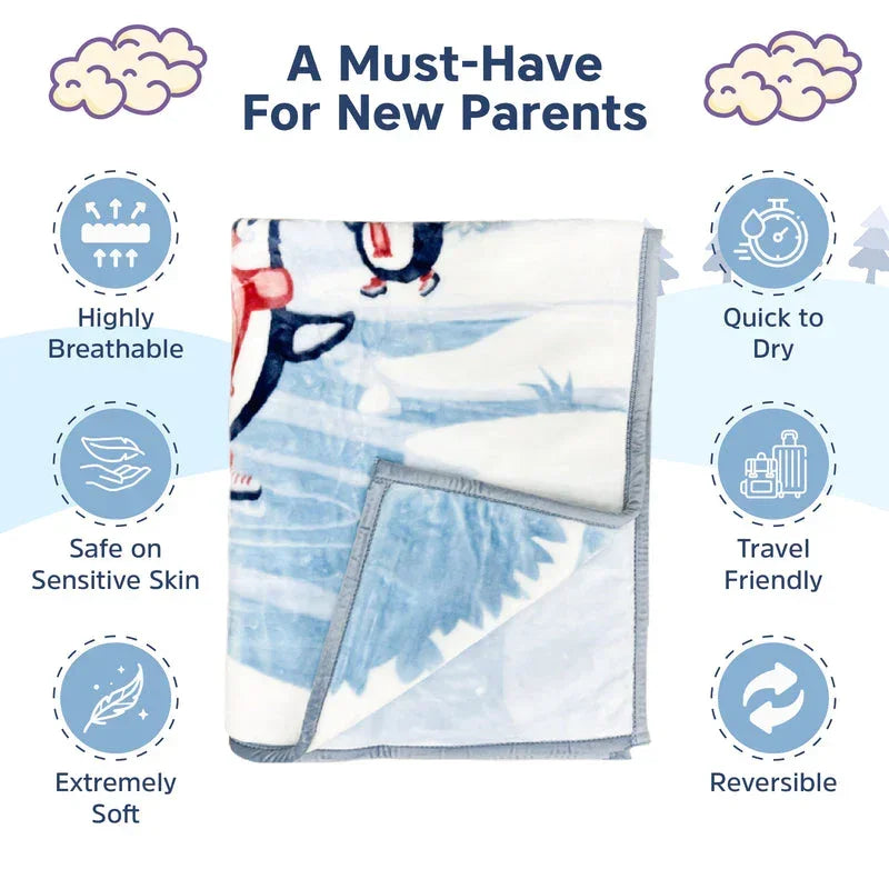 Hopop Joyful Parenting Soft and Warm Baby Blanket Skating Penguins (Blue) - Jaiman Toys