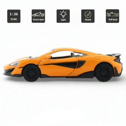 RMZ City 1:36 McLaren 600LT Diecast Car Model – Opening Doors, Pull Back Metal Body Supercar (Blue & Orange Variants)