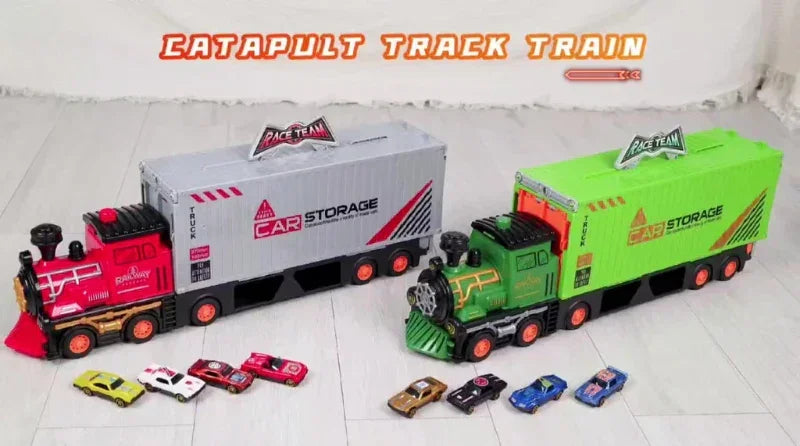 HUAN LE DI Super Large Foldable Train Car Storage Track Set with 8 Mini Diecast Cars – 2.48M Racing Playset for Kids TWO VARIANTS