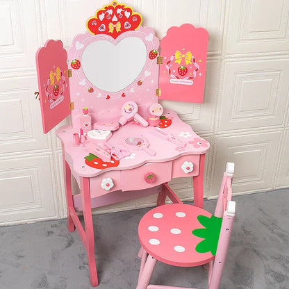 Pretend Role Play Drawing Makeup Game Toy Wooden Pink Princess Dressing Table Toy