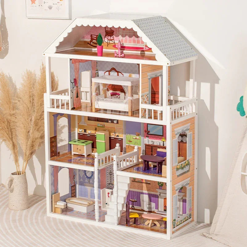 Large Villa Kids Montessori Educational DIY Toy Multi-Functional Wooden Princess Doll House Room For Kids