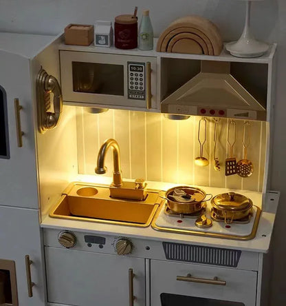 Light-Up Wooden Play Kitchen Set for Kids Pretend Food & Water Play