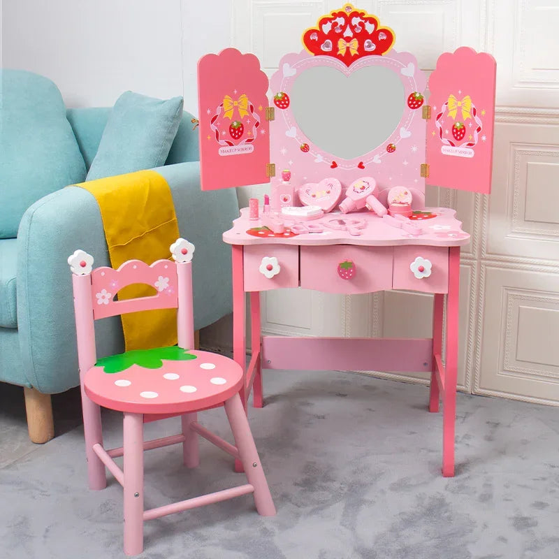 Pretend Role Play Drawing Makeup Game Toy Wooden Pink Princess Dressing Table Toy