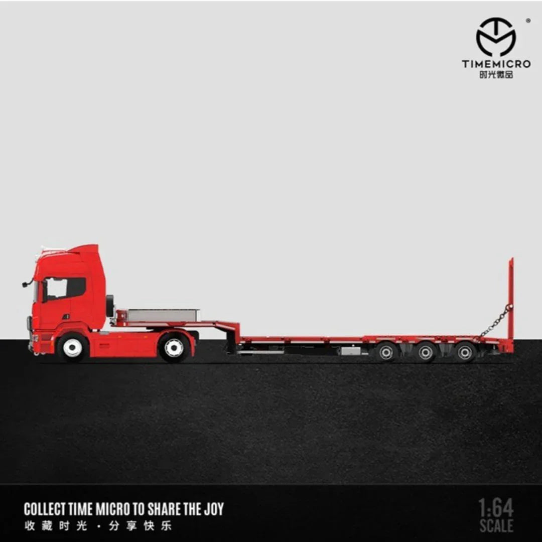 Time Micro 1:64 Scania Flatbed Transport Vehicle Diecast Model | Premium Metal Transporter with Display Base - Red