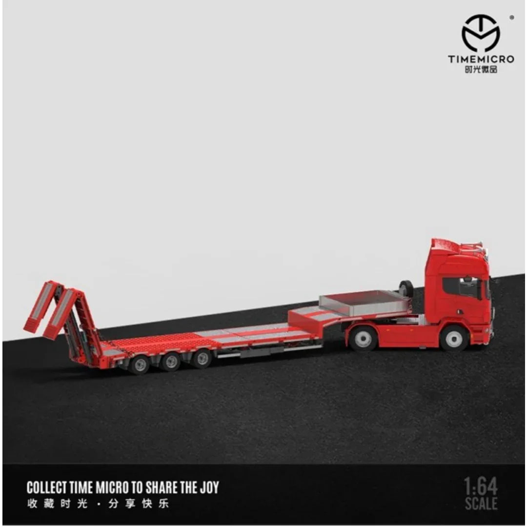 Time Micro 1:64 Scania Flatbed Transport Vehicle Diecast Model | Premium Metal Transporter with Display Base - Red
