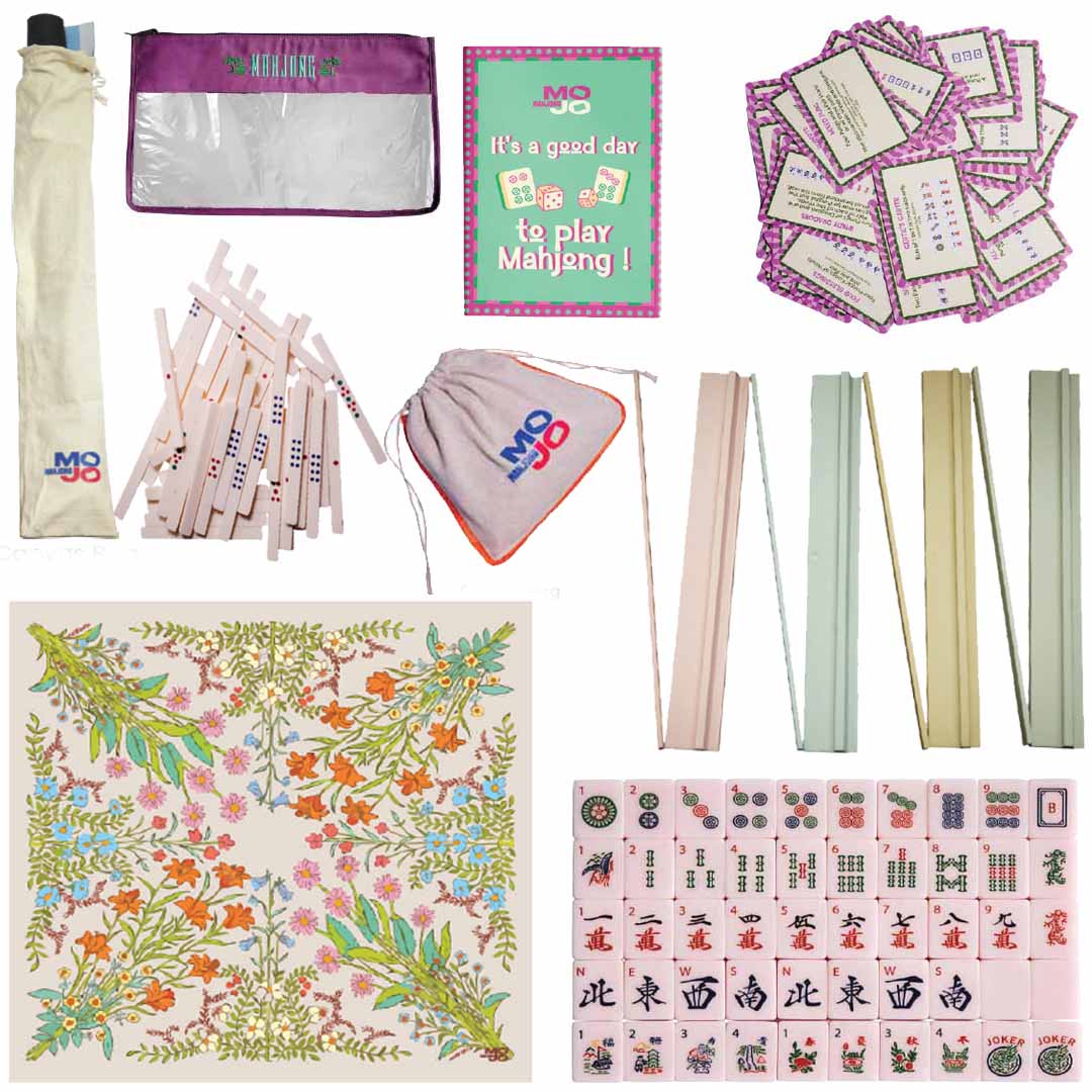 Premium Mahjong Collector Edition Set with 166 Tiles Wooden Racks Floral Playing Mat Dice and Score Chips