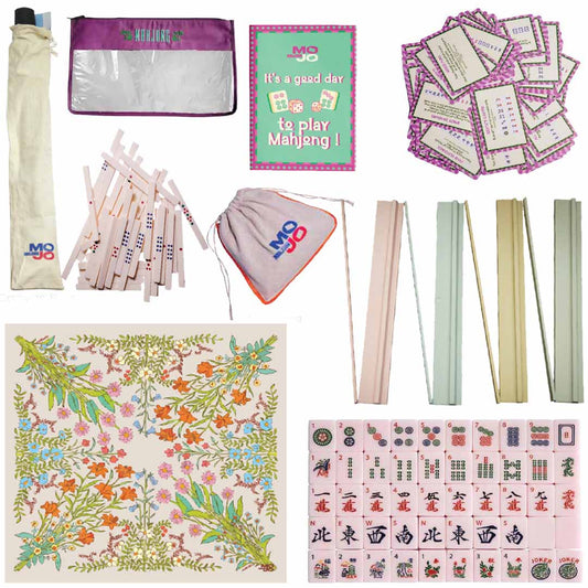 Premium Mahjong Collector Edition Set with 166 Tiles Wooden Racks Floral Playing Mat Dice and Score Chips