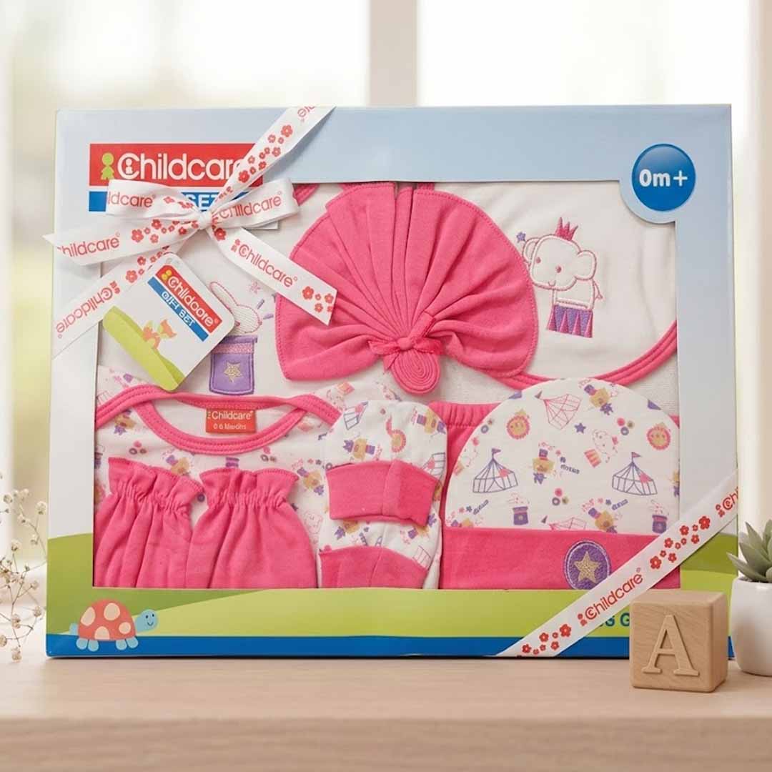 Childcare 9 PCS Baby Gift Set for Newborn Girls (0M+) – Soft Cotton Infant Clothing Set with Cap, Mittens, Booties & Bib (Pink)