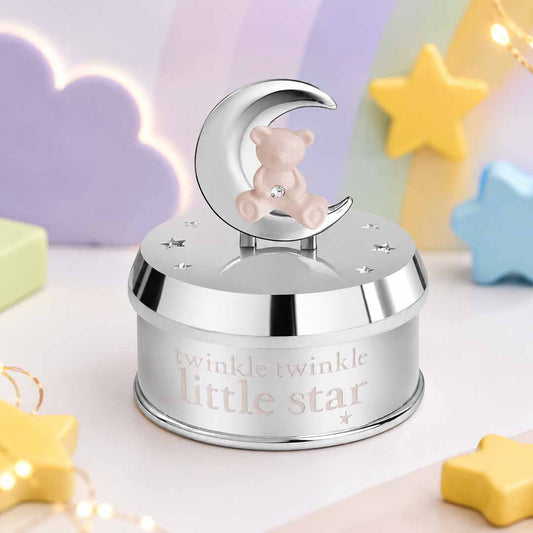 Momentz Twinkle Twinkle Little Star Baby Keepsake Box | Silver Decorative Trinket Box with Teddy Bear & Moon Design