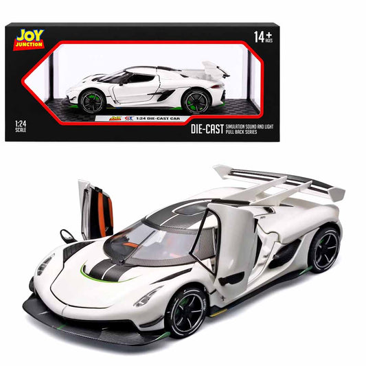 Joy Junction 1:24 Koenig Smoke White Scale Die-Cast Hypercar Model with Sound & Light – Pull Back Metal Sports Car Toy
