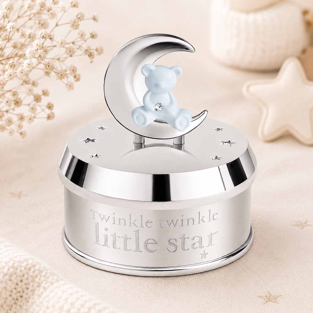 Momentz Twinkle Twinkle Little Star Baby Keepsake Box Blue | Silver Decorative Trinket Box with Teddy Bear & Moon Design