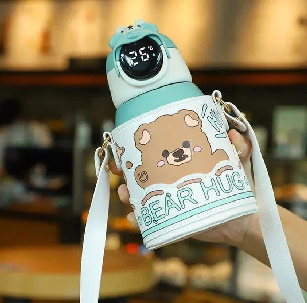 Bear Hug Stainless Steel Digital Water Bottle For Kids with carry bag, additional cup and sipper 500 ML (Green) - Jaiman Toys