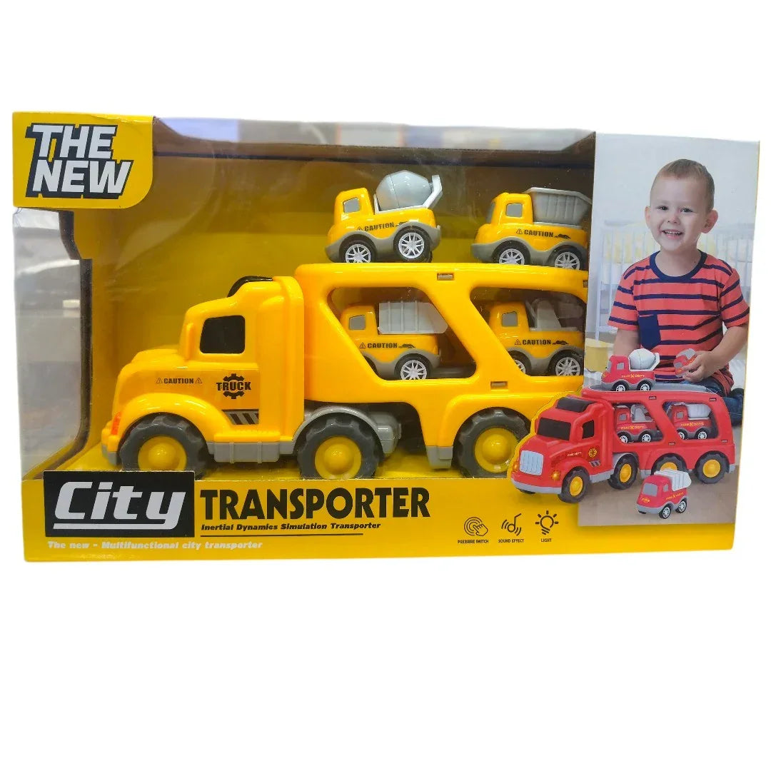 City Transporter Truck Toy for Kids – Inertial Pull Back Car Carrier with Mini Construction Vehicles | Yellow Transport Fleet Set  3+