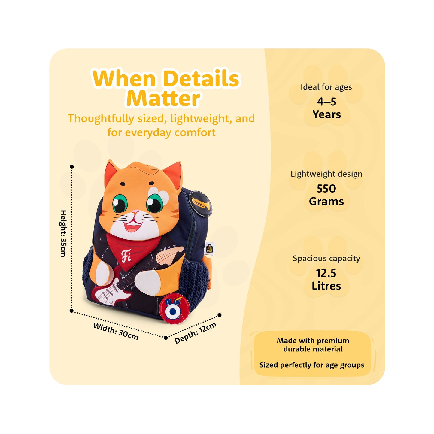 Filli & Me Rockstar Filli HugBag | 12.5L Kids Backpack for Kindergarten (4–5 Years) | Lightweight School & Travel Bag