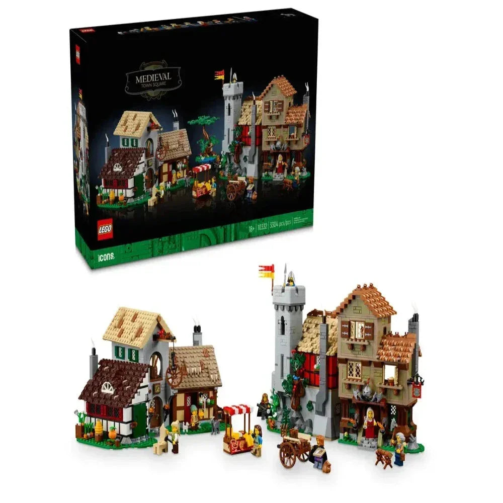 LEGO Medieval Town Square set with buildings, minifigures, and market scene displayed.