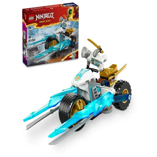 LEGO Ninjago Zane’s Ice Motorcycle building set with icy blue blades and minifigure, 84 pieces.