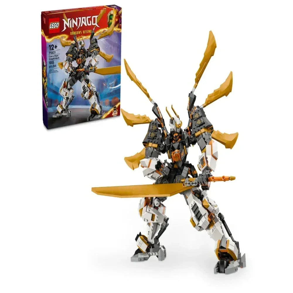 LEGO Ninjago Cole's Titan Dragon Mech set with box, posable robot holding golden sword