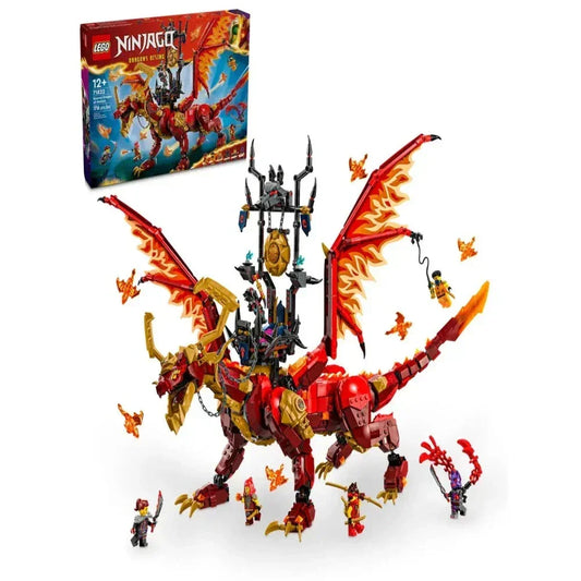 LEGO Ninjago red and gold dragon building set with minifigures and detailed wings