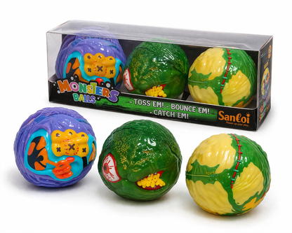 Santoi Monster Balls – Set of 3 Assorted Monster Design Balls | Toss, Bounce & Catch Soft Balls for Kids | Sensory & Fun Play Balls