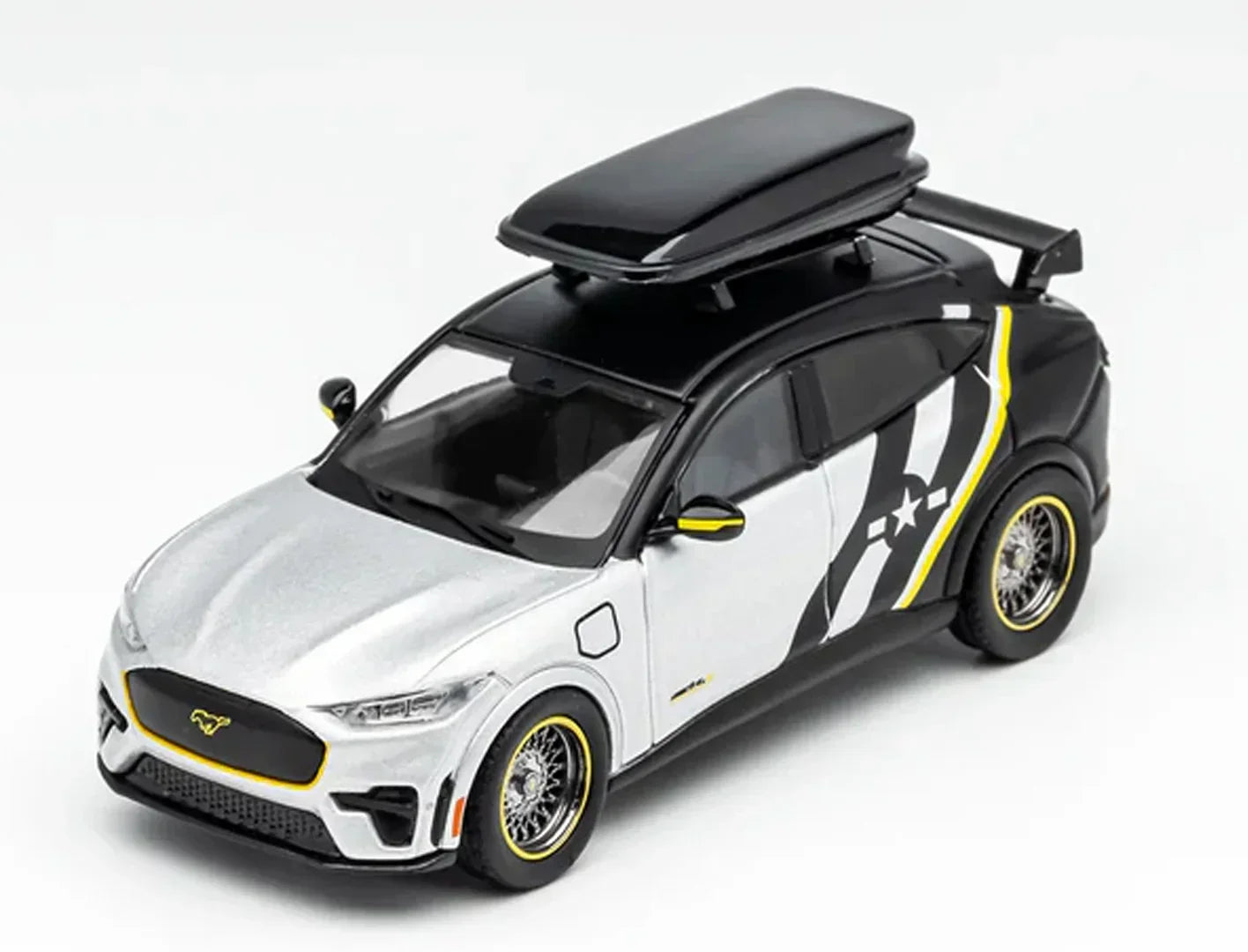 GCD Ford Mustang Mach-e GT SUV Diecast Model 1:64 Scale – Silver & Black Racing Livery Collector Car with Display Box