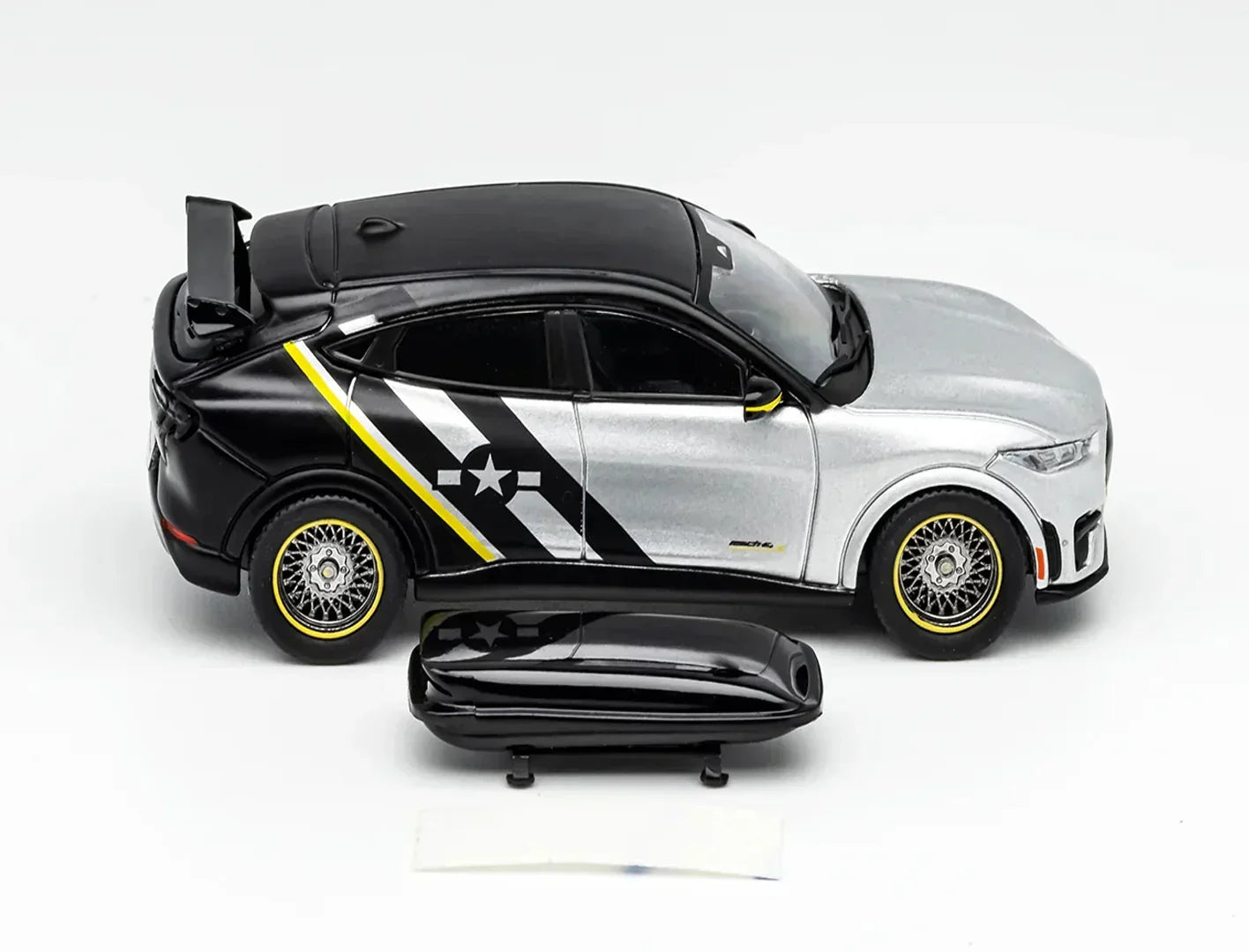 GCD Ford Mustang Mach-e GT SUV Diecast Model 1:64 Scale – Silver & Black Racing Livery Collector Car with Display Box