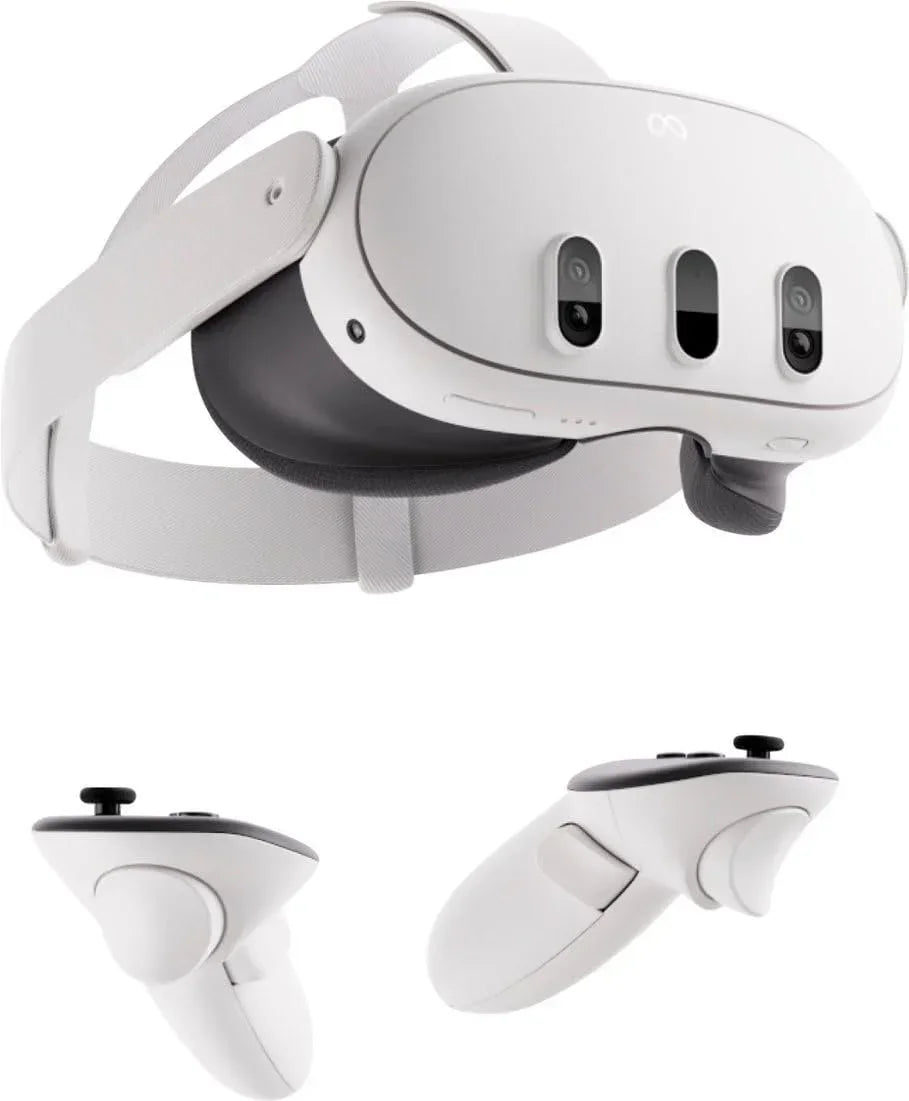 White virtual reality headset with two matching wireless controllers.