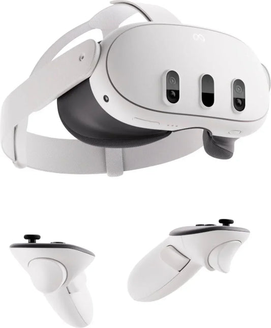 White virtual reality headset with two matching wireless controllers.