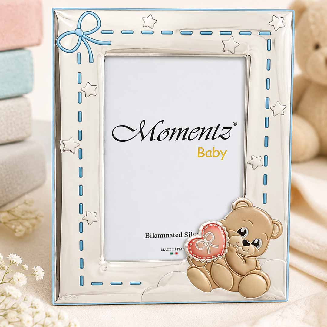 (Distress box) Momentz Baby Teddy Bear Silver Plated Photo Frame | Bilaminated Silver Baby Picture Frame for Nursery Décor & Baby Gifts (Outer Box Slightly Creased/Dirty, Product Inside Perfect Condition)