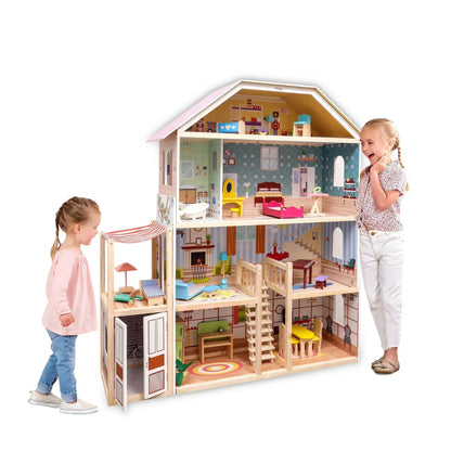 Open Ended Wooden Doll House - Grand Mansion (28 pcs furniture included) - Jaiman Toys