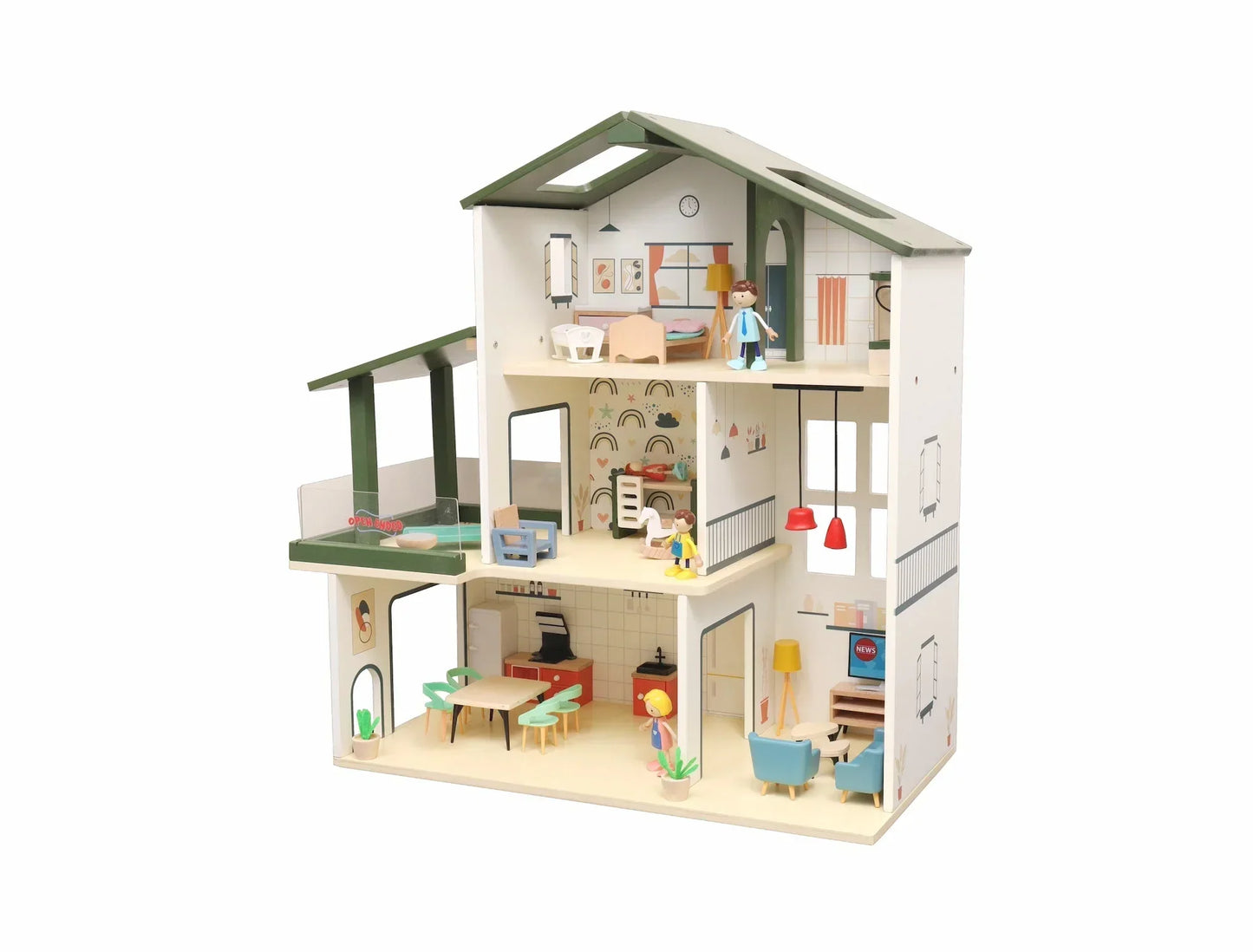Open Ended Wooden Dollhouse - Modern Villa (31 pcs furniture including 4 doll figures included) - Jaiman Toys