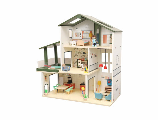 Open Ended Wooden Dollhouse - Modern Villa (31 pcs furniture including 4 doll figures included) - Jaiman Toys