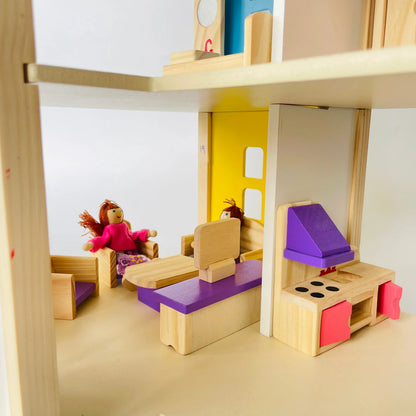 Open Ended Wooden Dollhouse - Redwood Cottage (19 pcs furniture + 2 doll figures included) - Jaiman Toys