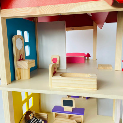 Open Ended Wooden Dollhouse - Redwood Cottage (19 pcs furniture + 2 doll figures included) - Jaiman Toys
