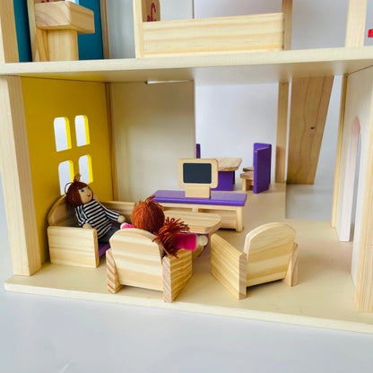Open Ended Wooden Dollhouse - Redwood Cottage (19 pcs furniture + 2 doll figures included) - Jaiman Toys