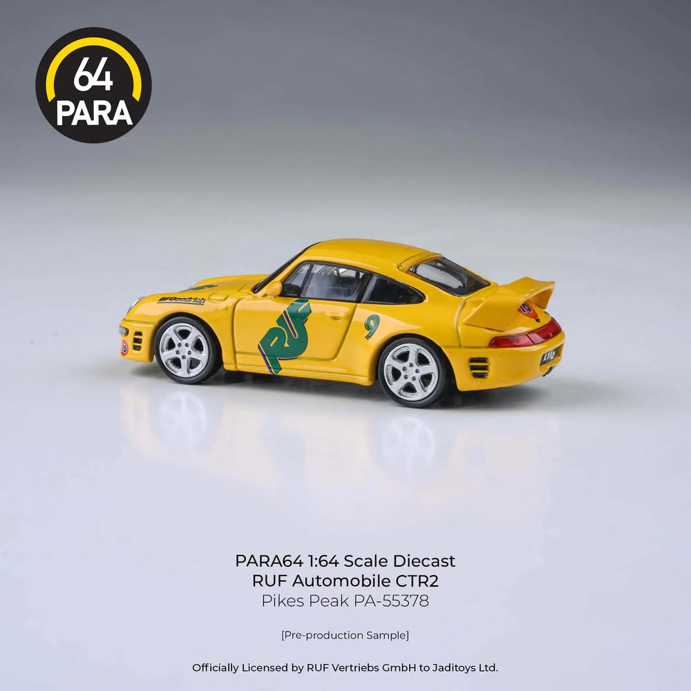 PARA64 1:64 RUF CTR2 Pikes Peak 1995 Yellow Racing Livery Diecast Model Car | Officially Licensed RUF Automobile Collectible